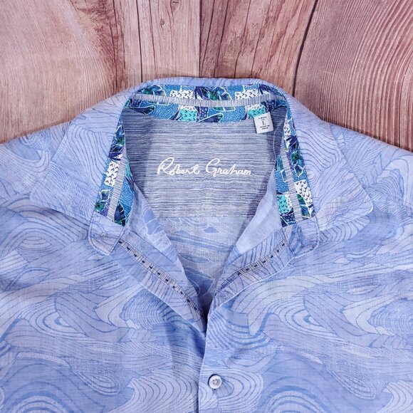 Robert Graham Mens L Classic Fit Wave Marble Swirl Linen Blend Button Up Shirt - Picture 4 of 16